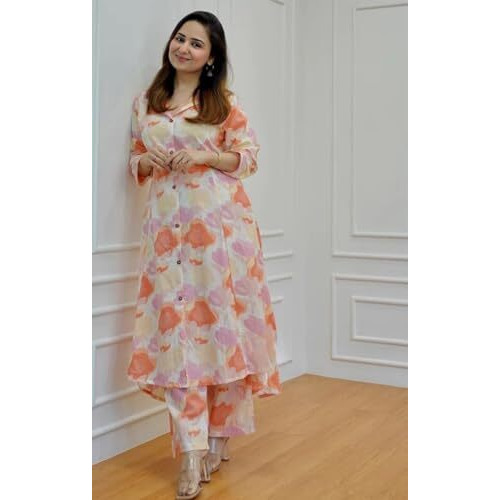 GRECIILOOKS Women Rayon A-Line Regular Fit Kurta Set (Orange, X-Large)