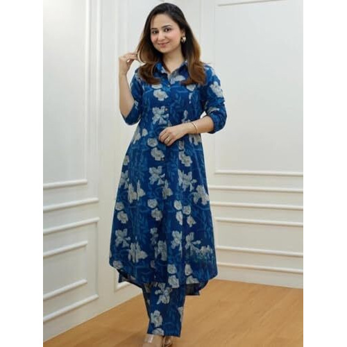 GRECIILOOKS Womens A-Line Rayon Regular Fit Kurta Set (Blue, Medium)