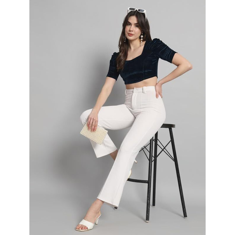 Vaararo Velvet Blouse Tops for Women | Party Puff Sleeves Readymade Outfit Peacock Blue Small