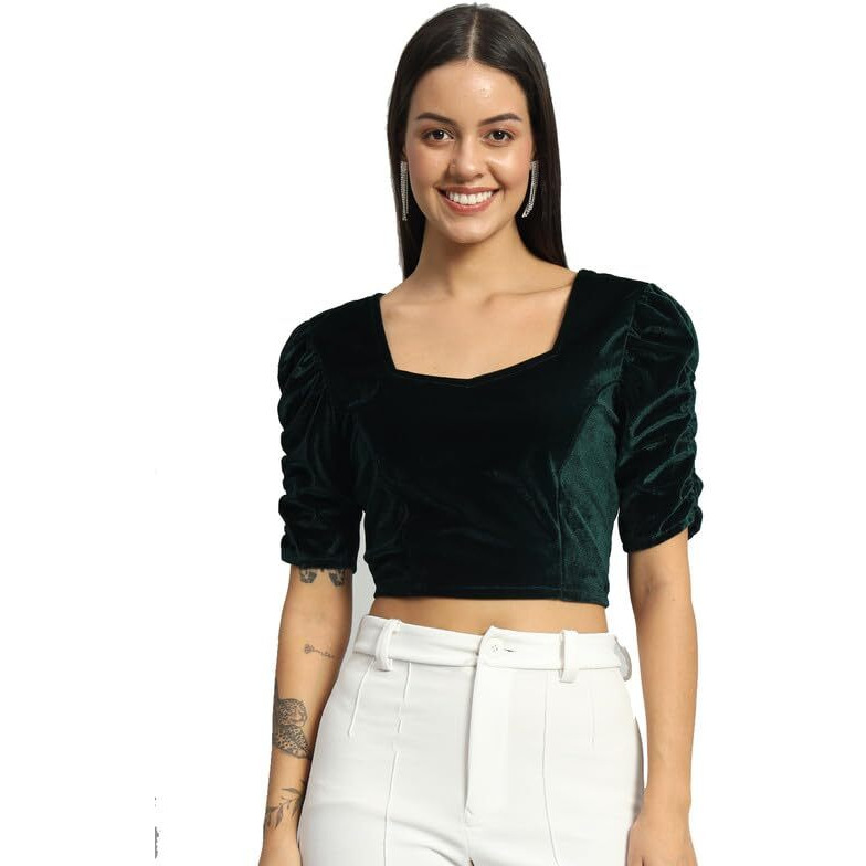 Vaararo Velvet Blouse Tops for Women | Party Puff Sleeves Readymade Outfit Dark Green X-Large