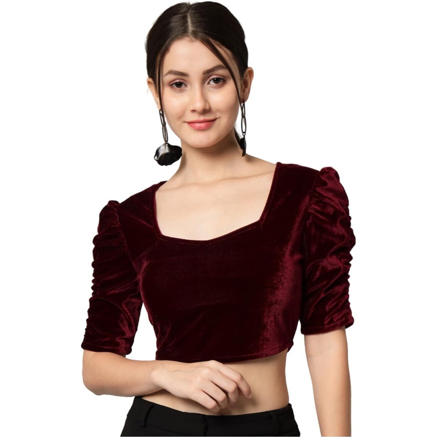 Vaararo Velvet Blouse Tops for Women | Party Puff Sleeves Readymade Outfit Maroon XX-Large