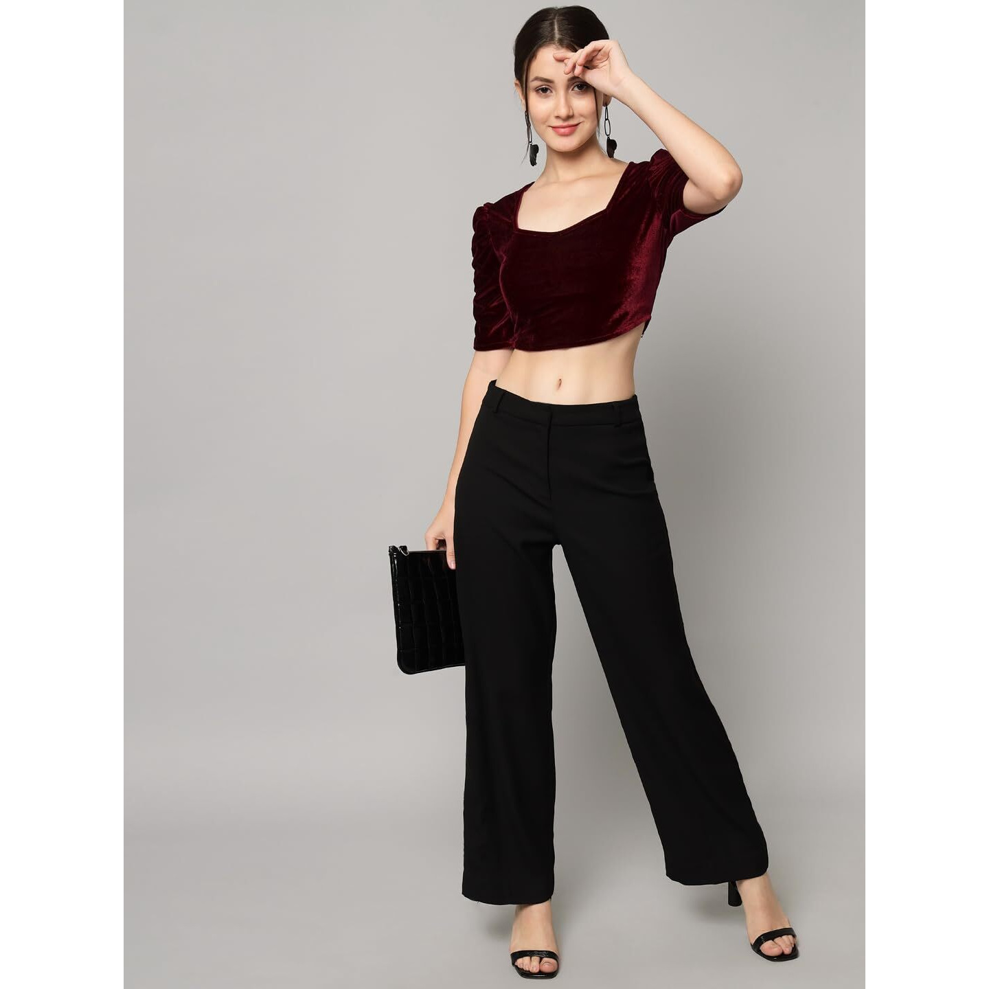 Vaararo Velvet Blouse Tops for Women | Party Puff Sleeves Readymade Outfit Maroon XX-Large