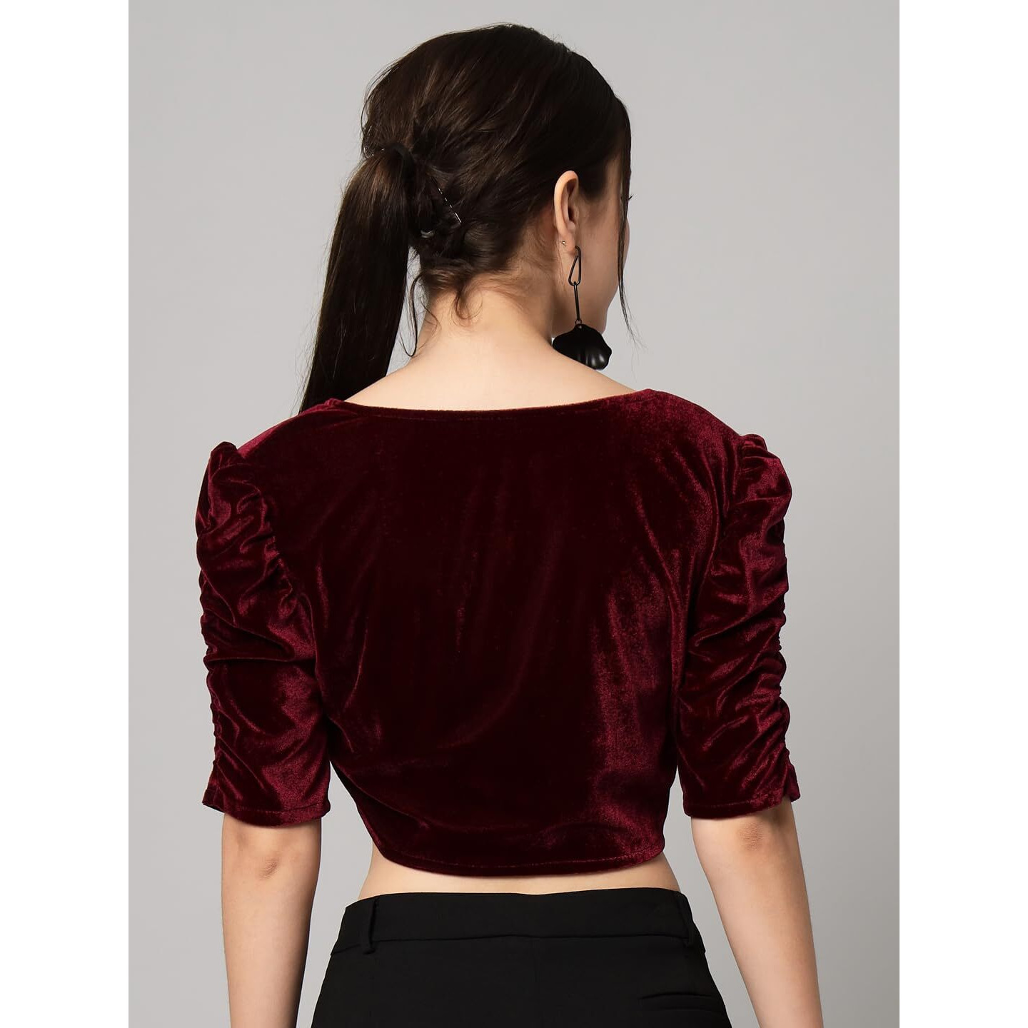 Vaararo Velvet Blouse Tops for Women | Party Puff Sleeves Readymade Outfit Maroon XX-Large