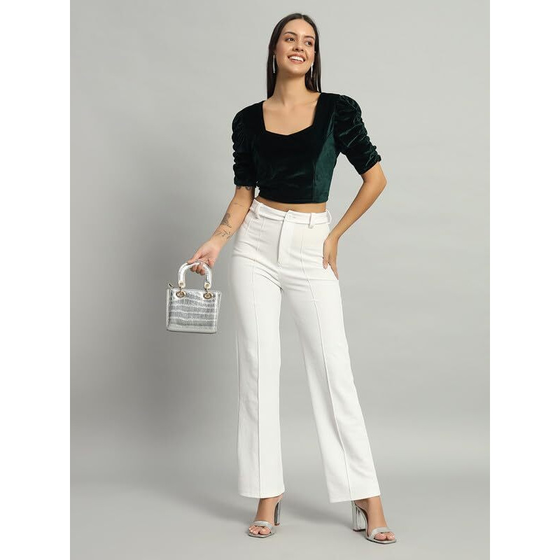 Vaararo Velvet Blouse Tops for Women | Party Puff Sleeves Readymade Outfit Dark Green X-Small