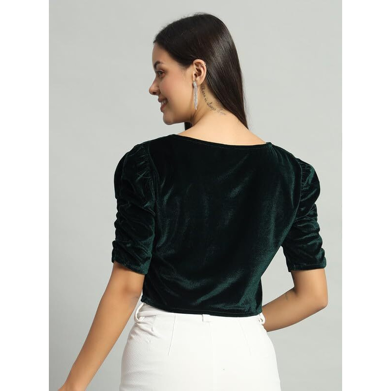 Vaararo Velvet Blouse Tops for Women | Party Puff Sleeves Readymade Outfit Dark Green X-Small