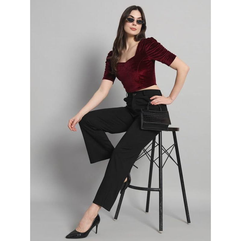 Vaararo Velvet Blouse Tops for Women | Party Puff Sleeves Readymade Outfit Sporty Maroon XX-Large