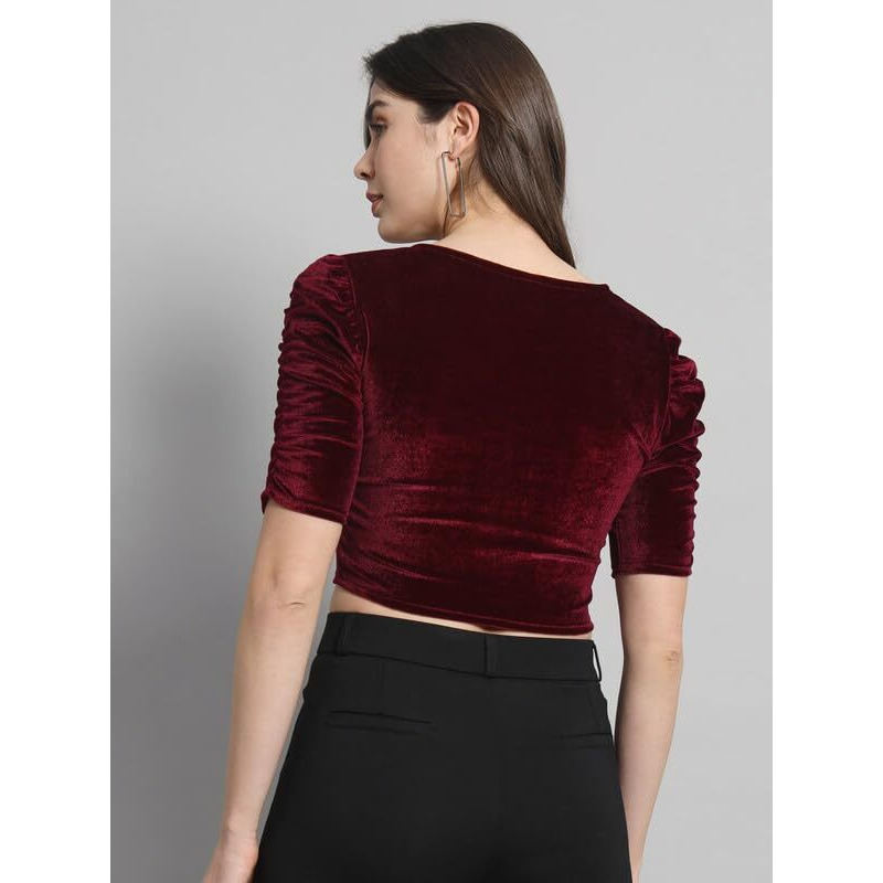 Vaararo Velvet Blouse Tops for Women | Party Puff Sleeves Readymade Outfit Sporty Maroon XX-Large