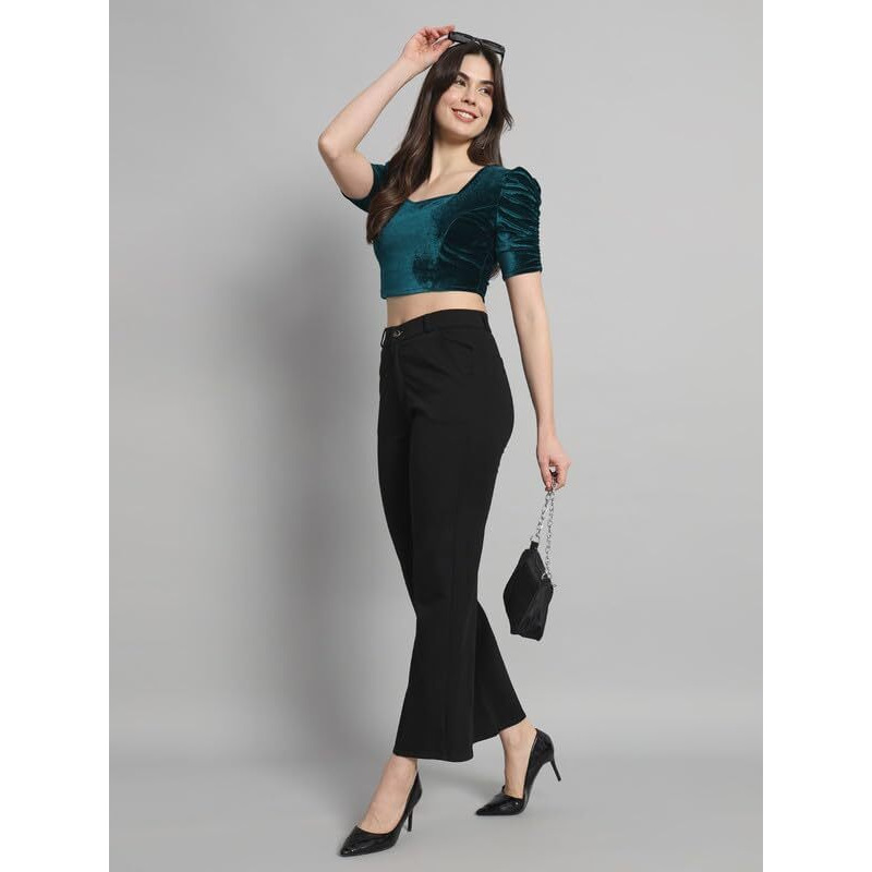 Vaararo Velvet Blouse Tops for Women | Party Puff Sleeves Readymade Outfit Rama Green X-Small
