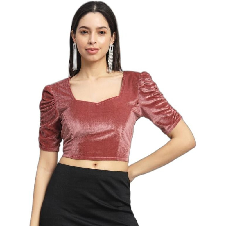 Vaararo Readymade Party Blouse for Women | Shiny Velvet Puff Sleeves Stylish Outfit Dark Peach XX-Large