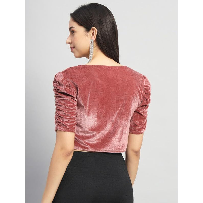 Vaararo Readymade Party Blouse for Women | Shiny Velvet Puff Sleeves Stylish Outfit Dark Peach XX-Large