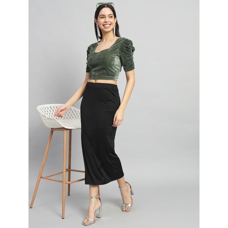 Vaararo Readymade Party Blouse for Women | Shiny Velvet Puff Sleeves Stylish Outfit Dark Olive Large