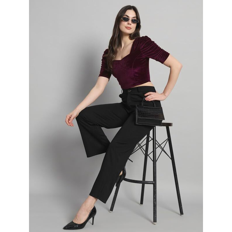 Vaararo Velvet Blouse Tops for Women | Party Puff Sleeves Readymade Outfit Wine Small