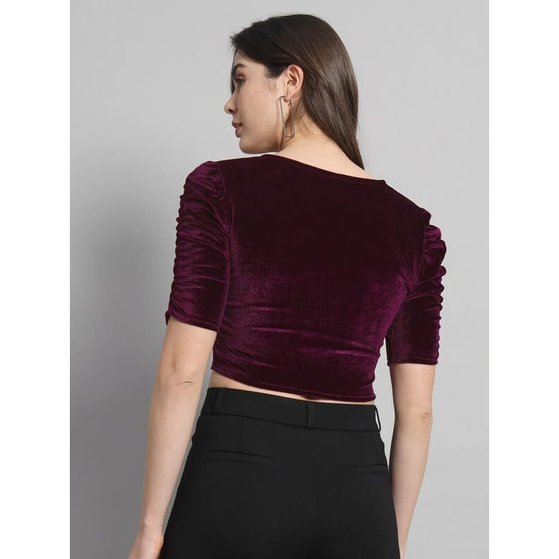 Vaararo Velvet Blouse Tops for Women | Party Puff Sleeves Readymade Outfit Wine Small