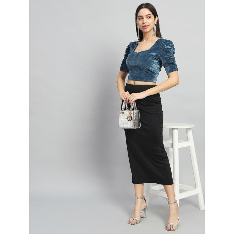 Vaararo Readymade Party Blouse for Women | Shiny Velvet Puff Sleeves Stylish Outfit Dark Teal X-Small