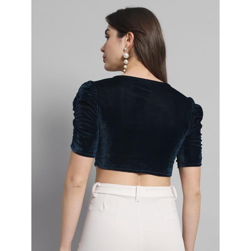 Vaararo Velvet Blouse Tops for Women | Party Puff Sleeves Readymade Outfit Peacock Blue X-Large