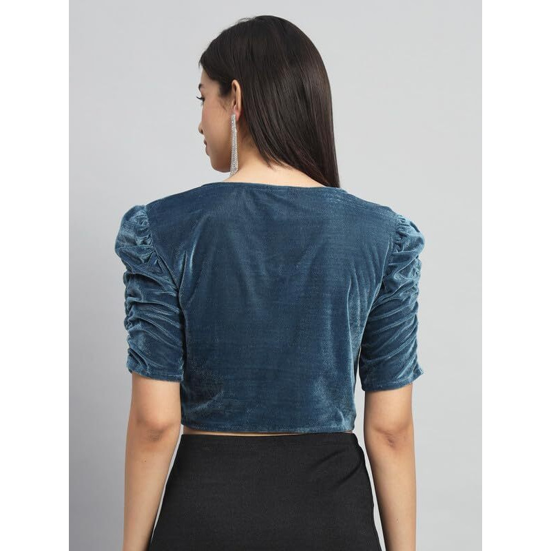 Vaararo Readymade Party Blouse for Women | Shiny Velvet Puff Sleeves Stylish Outfit Dark Teal Large