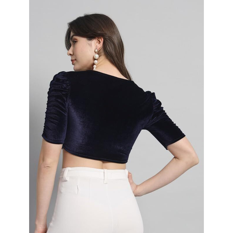 Vaararo Velvet Blouse Tops for Women | Party Puff Sleeves Readymade Outfit Navy Blue X-Small