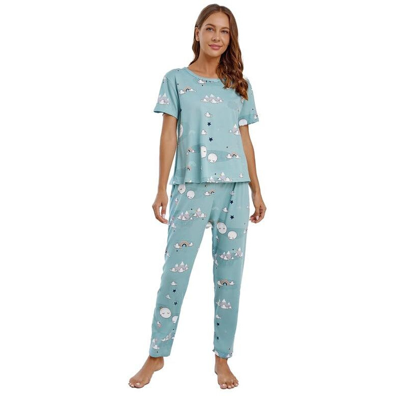 SMOWKLY Printed Round Neck Short Sleeve Nightsuit Set | Pajama Set | Night Dress for Women (1126CRTN_SKBL_3XL) Aqua Blue
