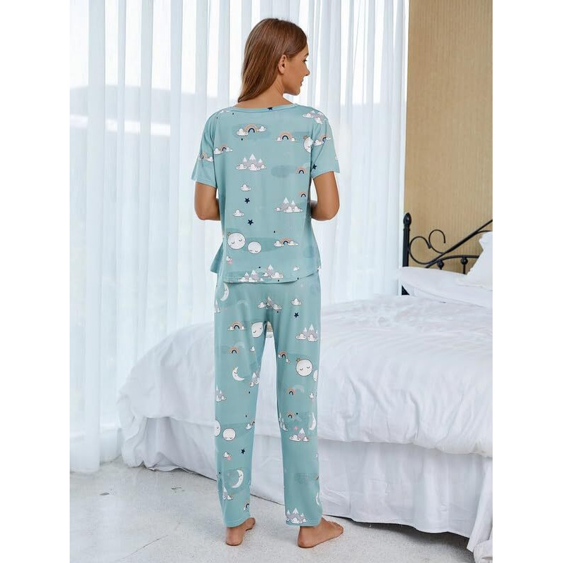 SMOWKLY Printed Round Neck Short Sleeve Nightsuit Set | Pajama Set | Night Dress for Women (1126CRTN_SKBL_3XL) Aqua Blue