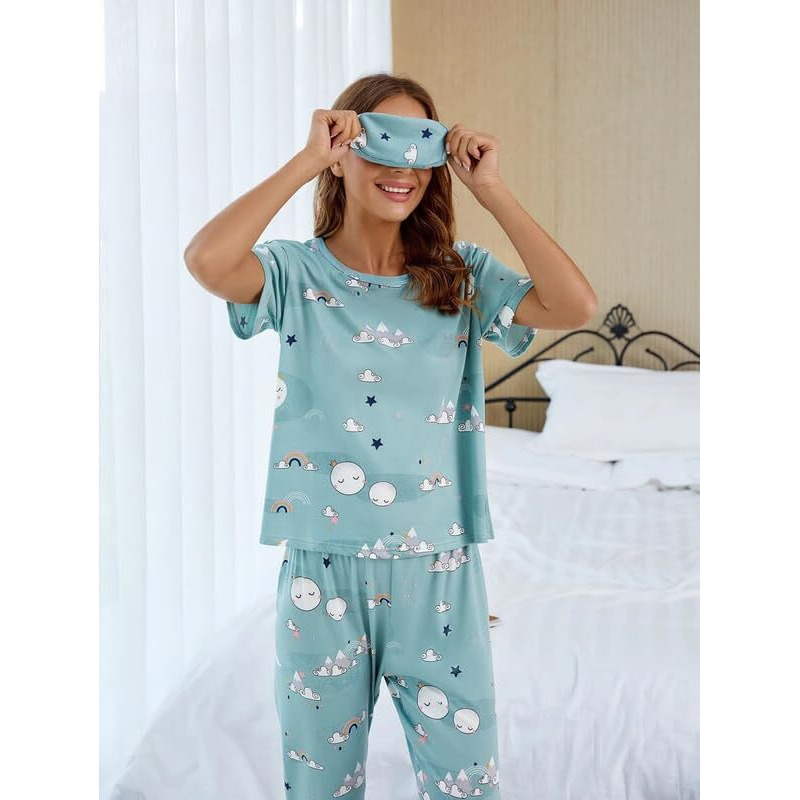 SMOWKLY Printed Round Neck Short Sleeve Nightsuit Set | Pajama Set | Night Dress for Women (1126CRTN_SKBL_3XL) Aqua Blue