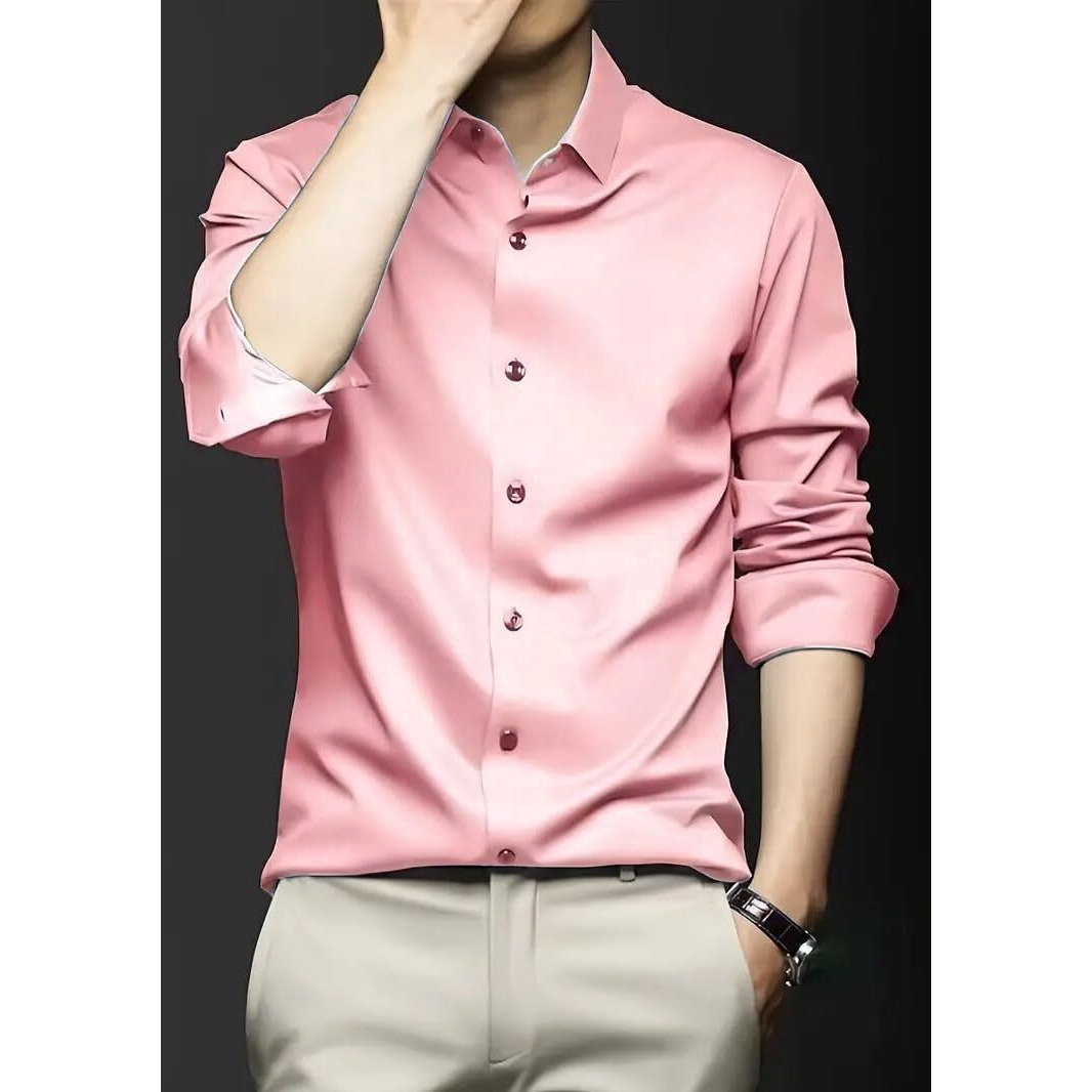 IndoPrimo Men's Stylish Solid Satin Casual Shirt for Men Full Sleeve (in, Alpha, S, Peach)
