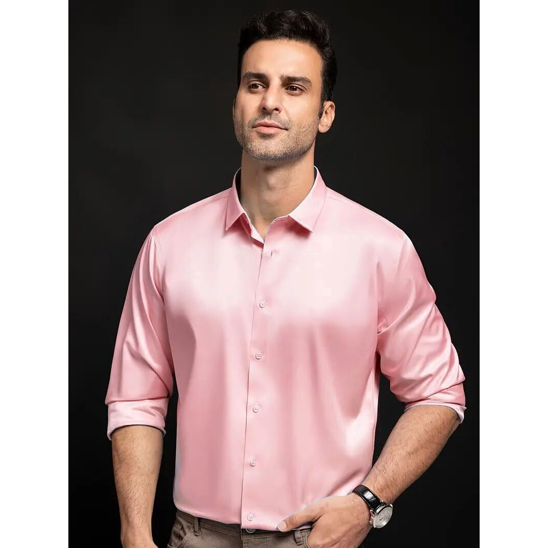 IndoPrimo Men's Stylish Solid Satin Casual Shirt for Men Full Sleeve (in, Alpha, S, Peach)