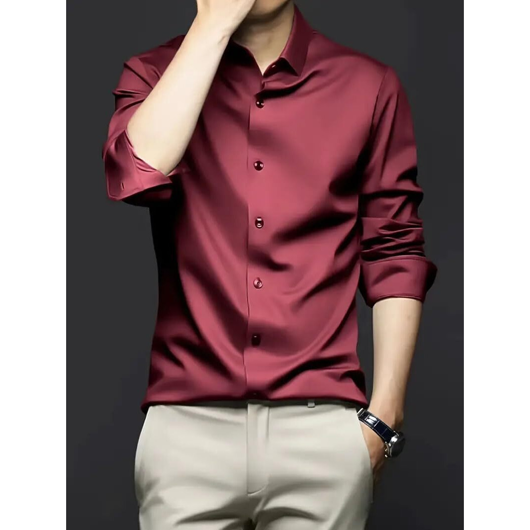 IndoPrimo Men's Stylish Solid Satin Casual Shirt for Men Full Sleeve (in, Alpha, M, Regular, Maroon)