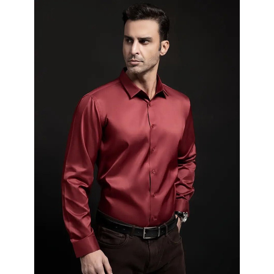 IndoPrimo Men's Stylish Solid Satin Casual Shirt for Men Full Sleeve (in, Alpha, M, Regular, Maroon)