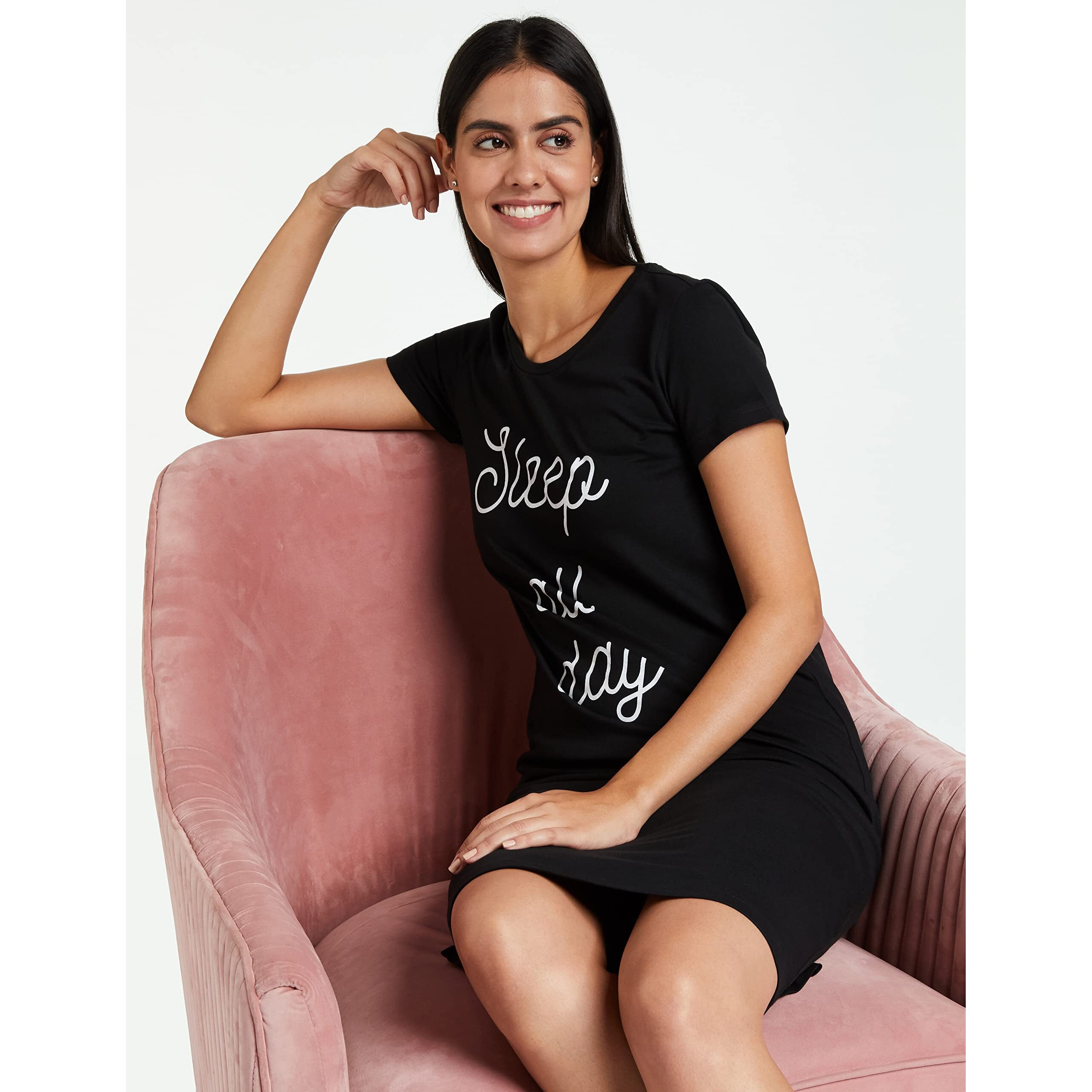 Amazon Brand - Symbol Women's Cotton Casual Nightgown (SS19UTSDR01-GP-12_Black_3XL)