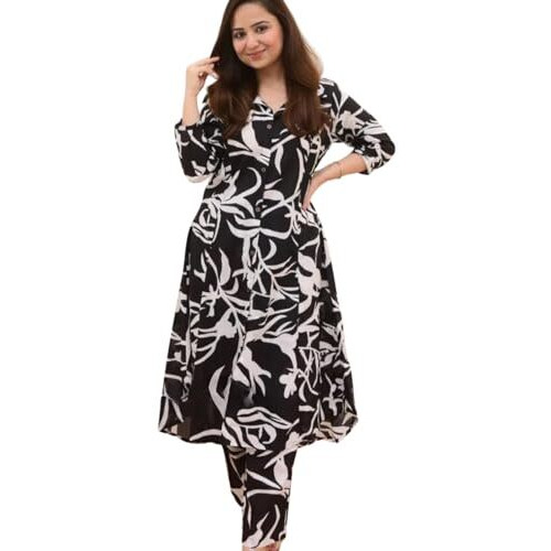 GRECIILOOKS Womens A-Line Rayon Regular Fit Kurta Set (Black, Medium)