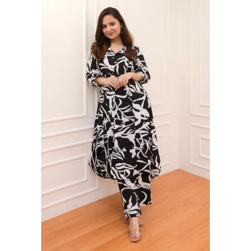 GRECIILOOKS Womens A-Line Rayon Regular Fit Kurta Set (Black, Medium)