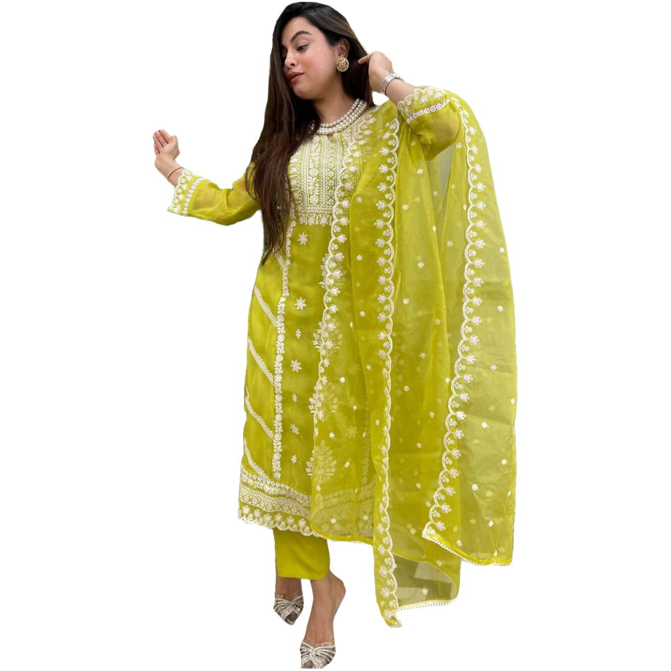 GoSriKi Women's Rayon Blend Straight Embroidered Kurta with Pant & Dupatta (Carlton Lemon-GS_3XL_Lemon_XXX-Large)