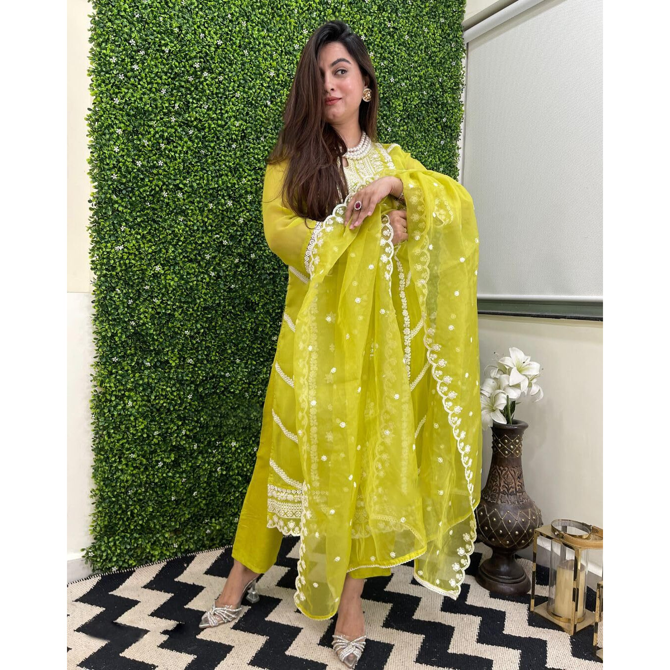 GoSriKi Women's Rayon Blend Straight Embroidered Kurta with Pant & Dupatta (Carlton Lemon-GS_3XL_Lemon_XXX-Large)
