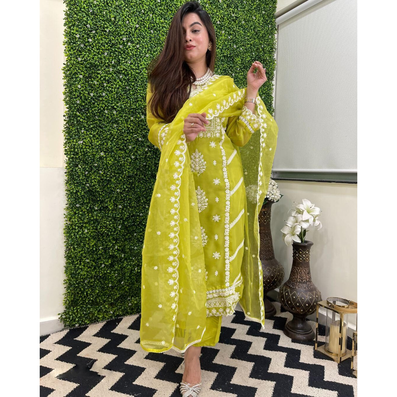 GoSriKi Women's Rayon Blend Straight Embroidered Kurta with Pant & Dupatta (Carlton Lemon-GS_3XL_Lemon_XXX-Large)