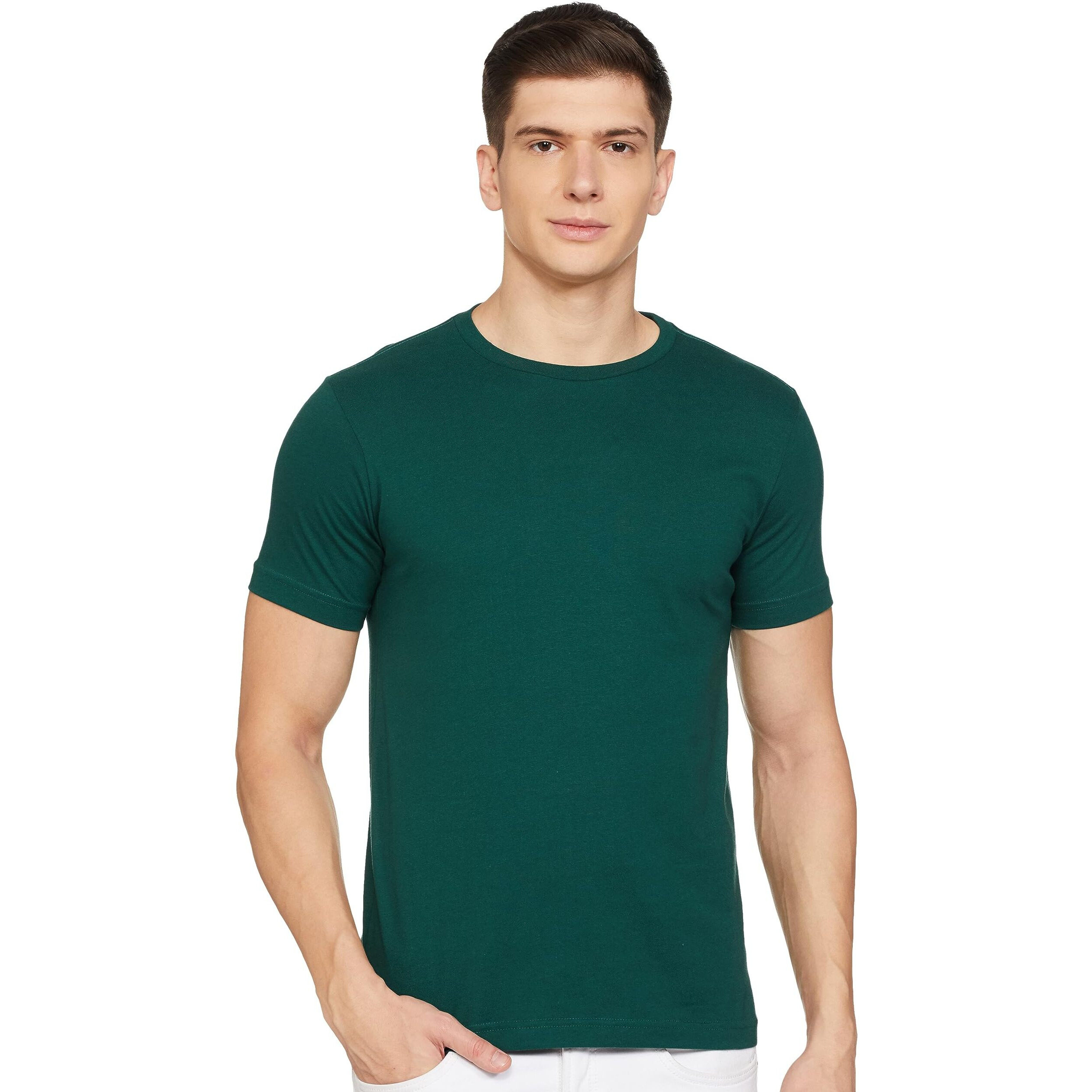 Amazon Brand - Symbol Men's Cotton T Shirt | Round Neck | Half Sleeve | Plain - Regular Fit (Available in Plus Size) (Evergreen_L)