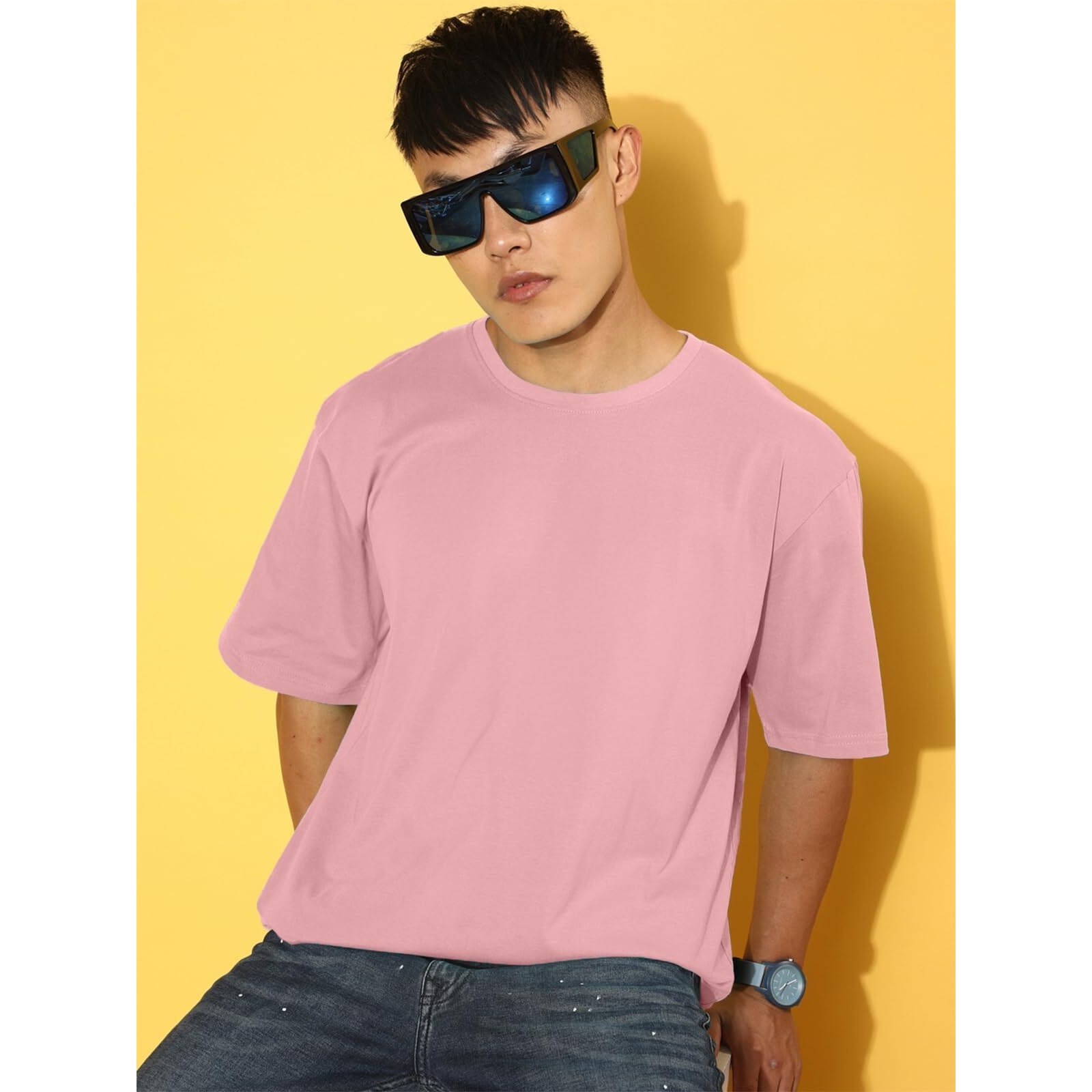Veirdo Oversized Baggy Fit Drop Shoulder Half Sleeves Round Neck Solid Pure 100% Cotton T-Shirt for Men (OS_100_PINK66_XXL)