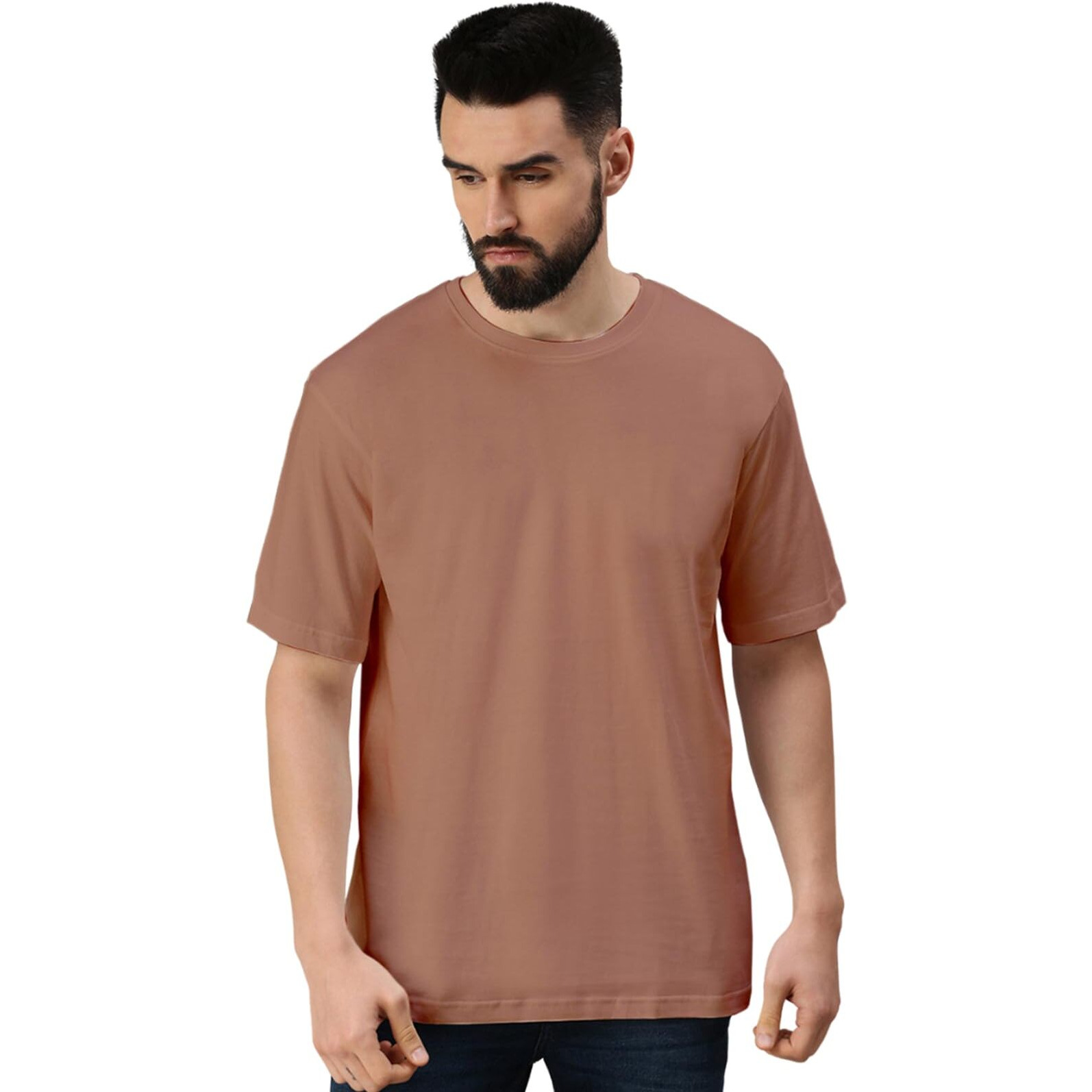 VeirdoCork Oversized Baggy Fit Drop Shoulder Half Sleeves Round Neck Solid Pure Cotton T-Shirt for Men (OS_100_Cork_L)