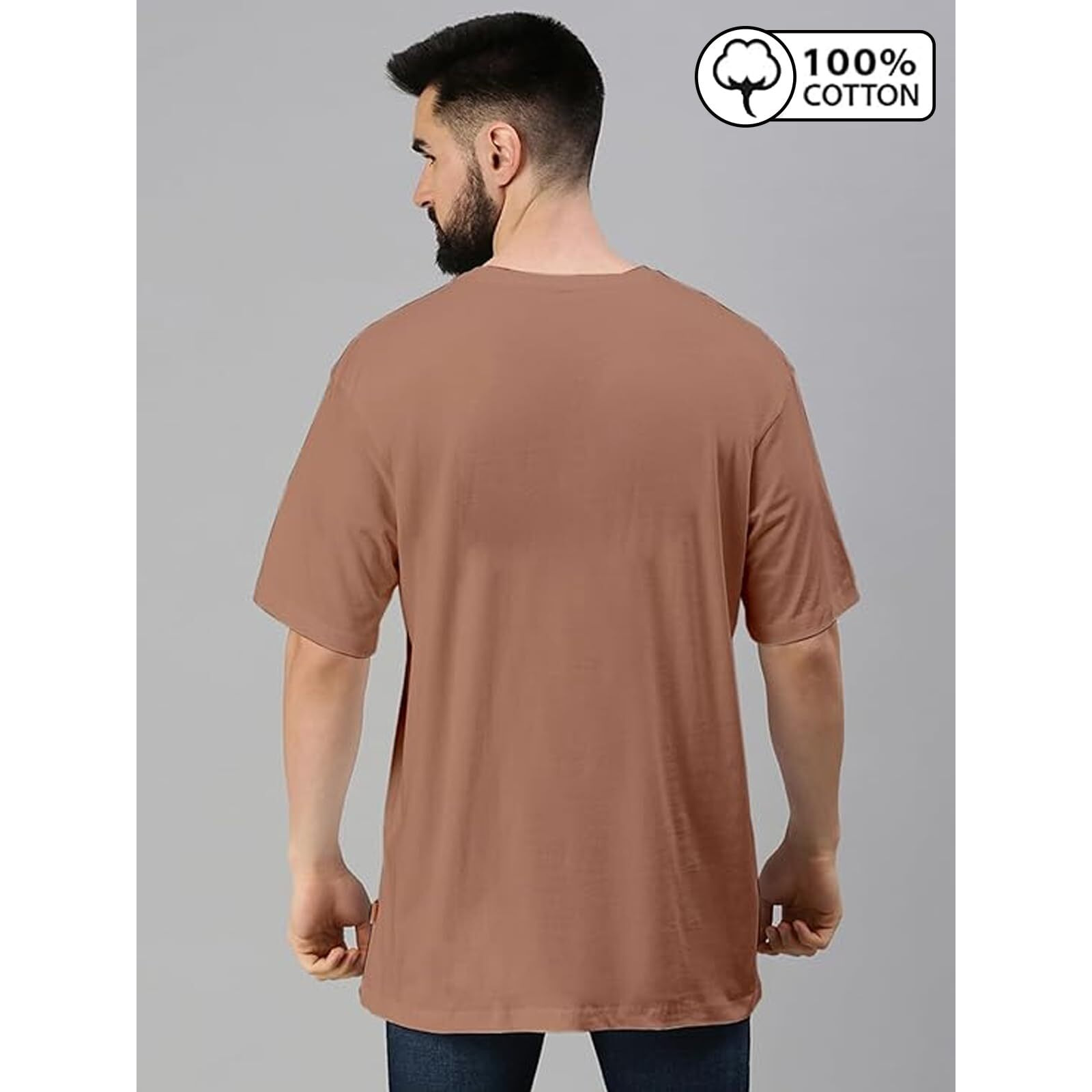 VeirdoCork Oversized Baggy Fit Drop Shoulder Half Sleeves Round Neck Solid Pure Cotton T-Shirt for Men (OS_100_Cork_L)