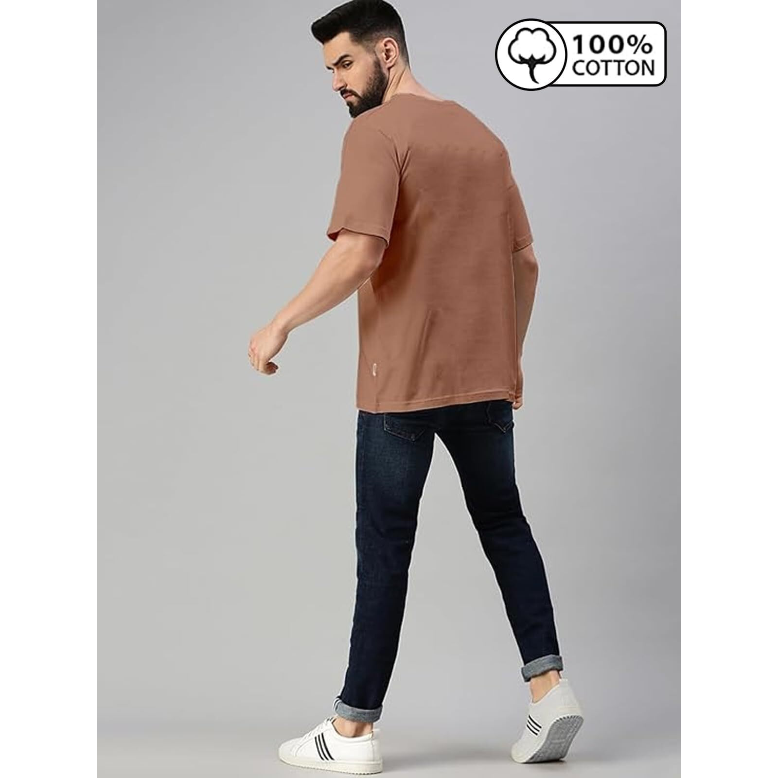 VeirdoCork Oversized Baggy Fit Drop Shoulder Half Sleeves Round Neck Solid Pure Cotton T-Shirt for Men (OS_100_Cork_L)