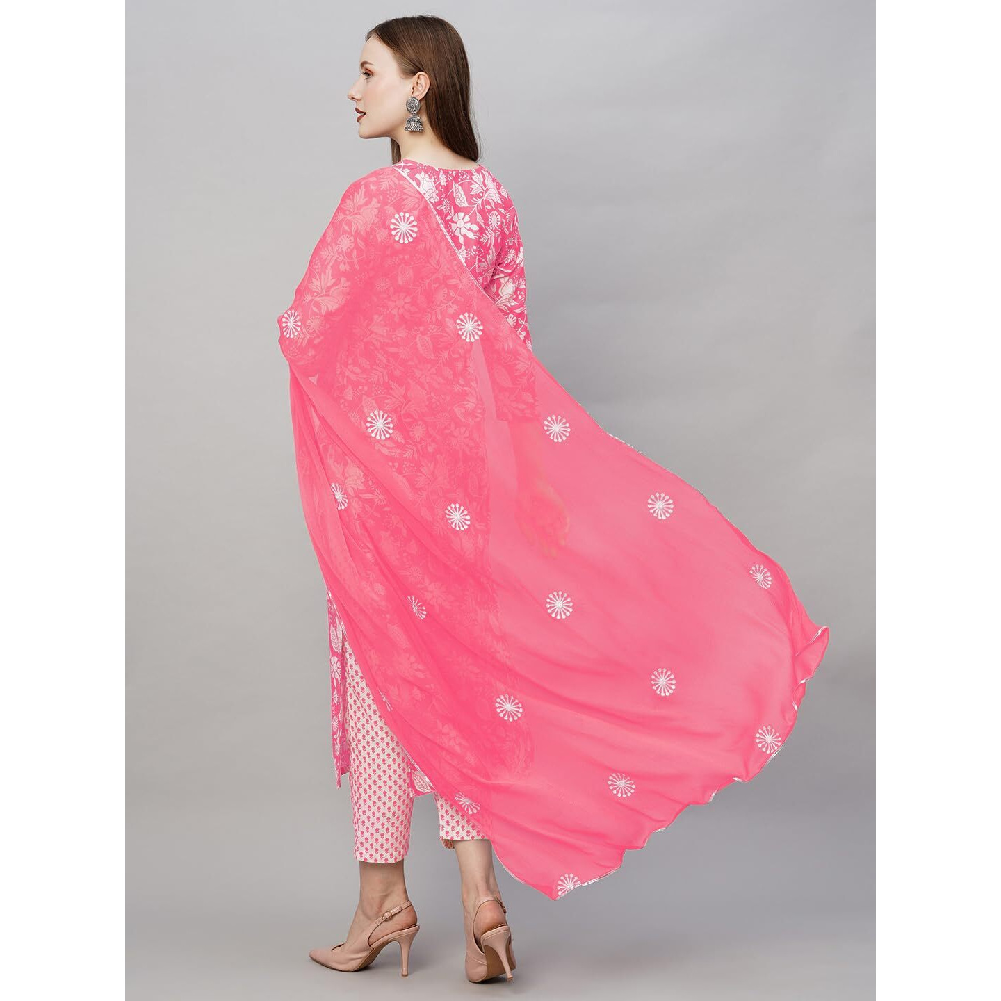GoSriKi Women's Cotton Blend Straight Printed Kurta with Pant & Dupatta (MEI Pink-GS_L_Pink_Large)
