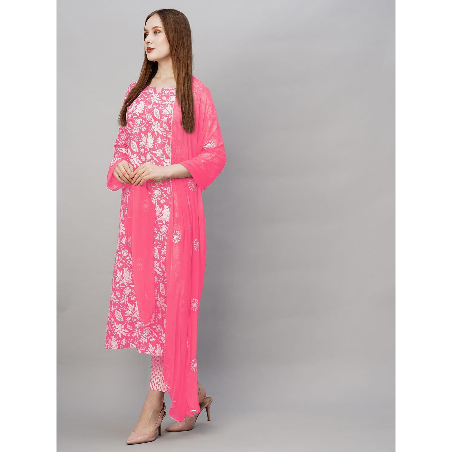GoSriKi Women's Cotton Blend Straight Printed Kurta with Pant & Dupatta (MEI Pink-GS_L_Pink_Large)