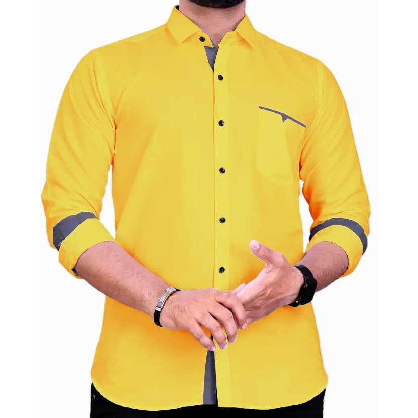 CB-COLEBROOK Men's Regular Fit Solid Spread Collar Cotton Casual Shirt (Small, Dark Yellow)