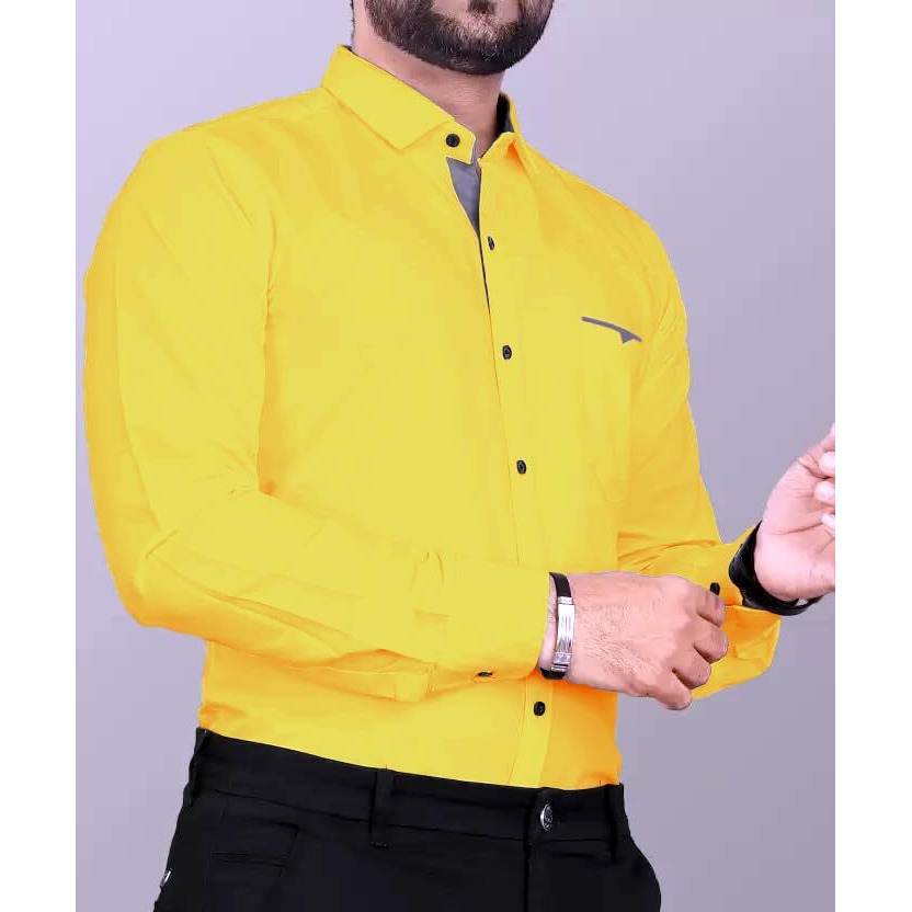 CB-COLEBROOK Men's Regular Fit Solid Spread Collar Cotton Casual Shirt (Small, Dark Yellow)