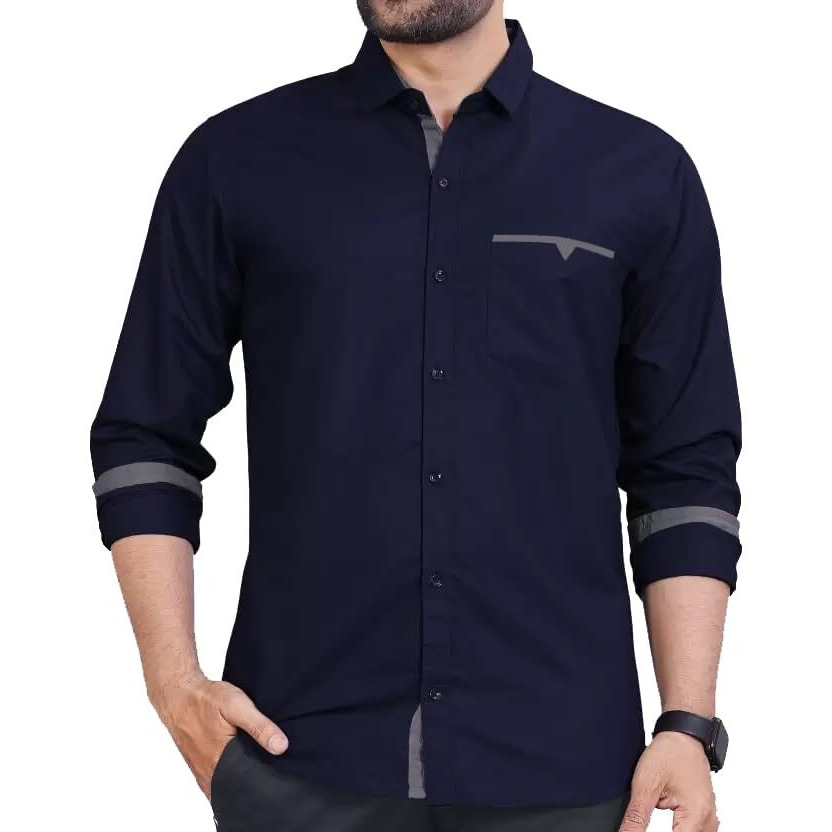 CB-COLEBROOK Men Regular Fit Solid Spread Collar Casual Shirt (Medium, Navy Blue)