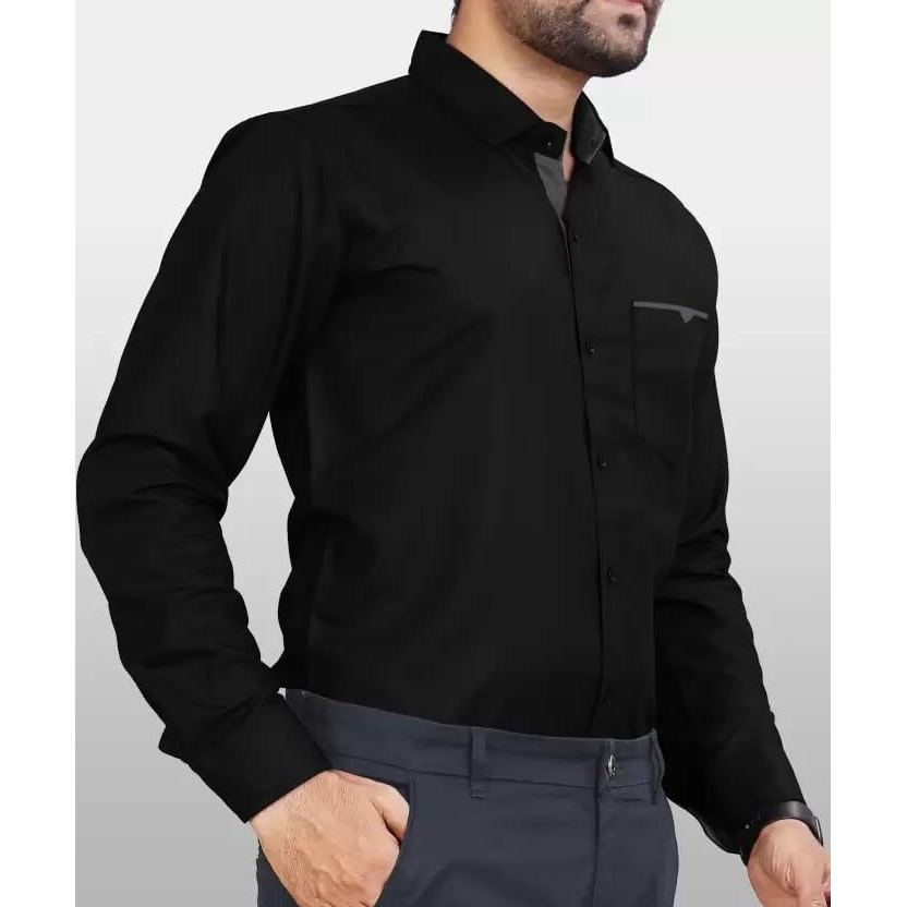 CB-COLEBROOK Men Regular Fit Solid Spread Collar Casual Shirt (Large, Black)