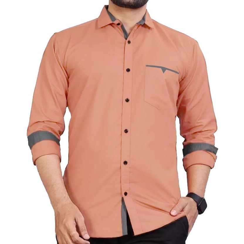 CB-COLEBROOK Men Regular Fit Solid Spread Collar Casual Shirt (Small, Orange Sherbet)
