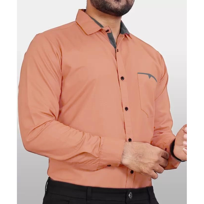 CB-COLEBROOK Men Regular Fit Solid Spread Collar Casual Shirt (Small, Orange Sherbet)