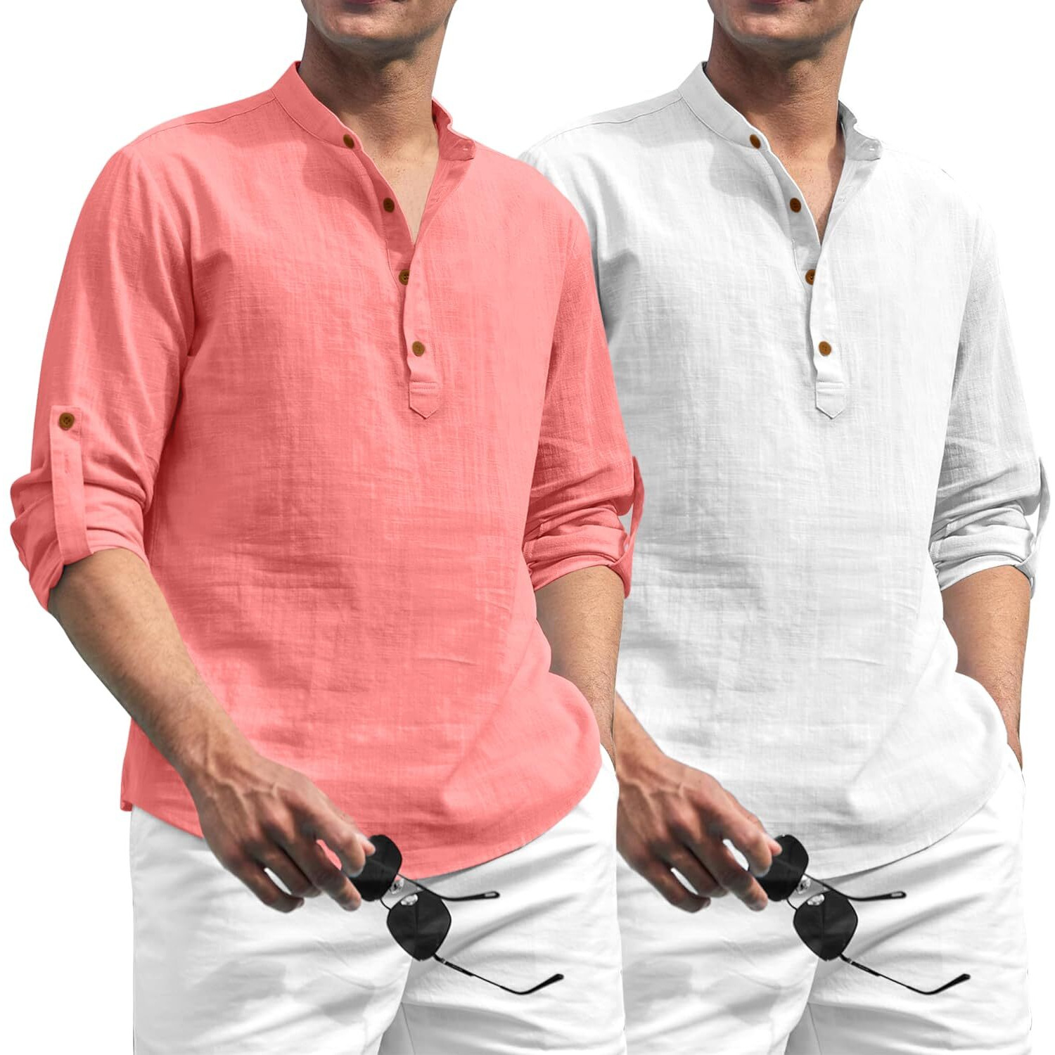 Zombom Combo of Men's Solid Cotton Blend Full Sleeve Straight Kurta Shirt (Pack of 2) Peach-White