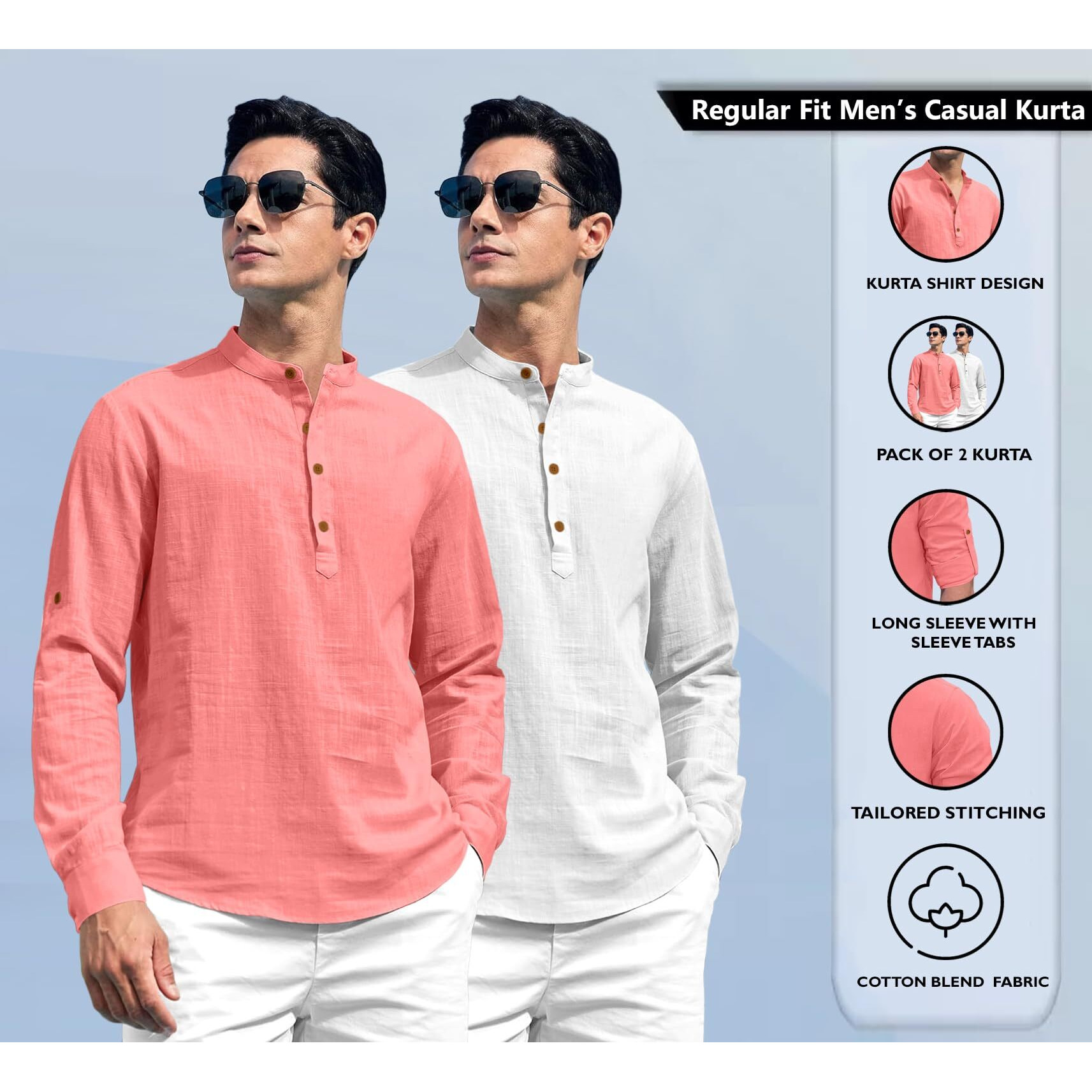 Zombom Combo of Men's Solid Cotton Blend Full Sleeve Straight Kurta Shirt (Pack of 2) Peach-White