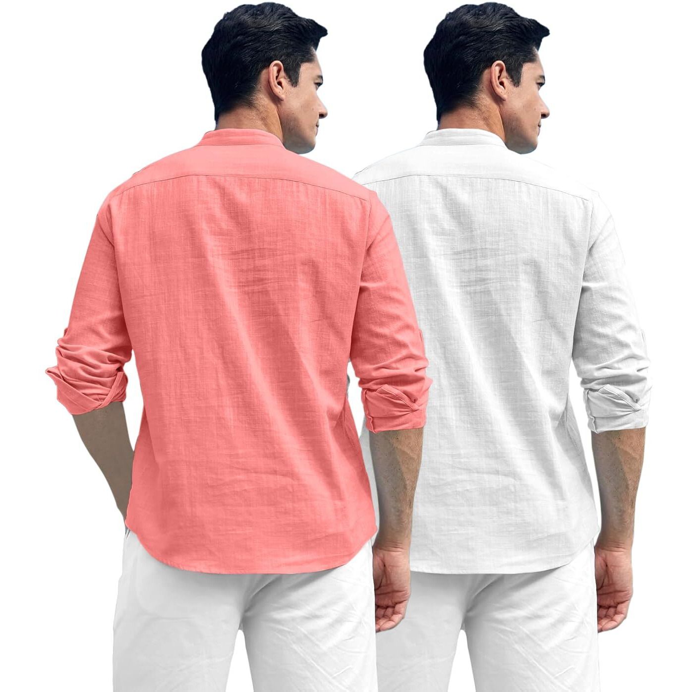 Zombom Combo of Men's Solid Cotton Blend Full Sleeve Straight Kurta Shirt (Pack of 2) Peach-White
